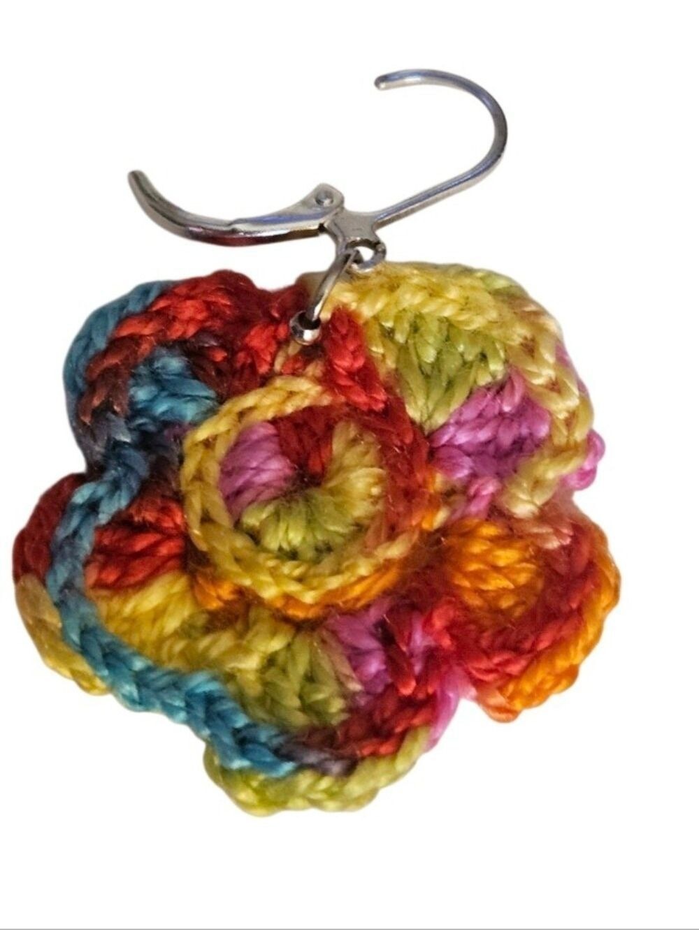 Hand Crafted Multi Color Crochet Flower Earrings Festival Wear Rainbow Jewelry - Picture 6 of 16